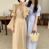 Korean Style Puff Sleeve Pleated Midi Dress