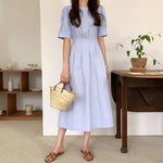 Korean Style Puff Sleeve Pleated Midi Dress